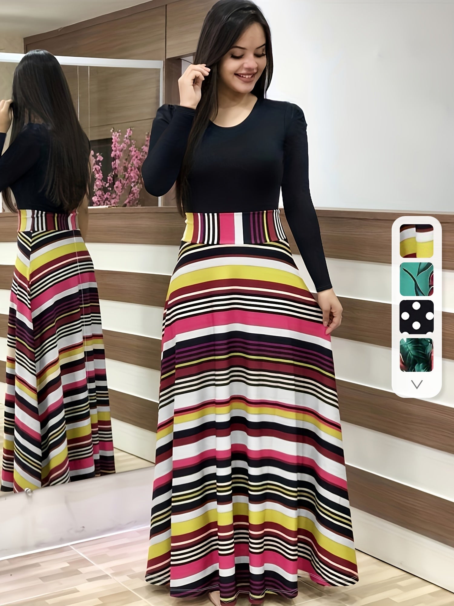 Stunning Floral Print Maxi Dress - Women's Elegant Long Sleeve Crew Neck Splicing Dress for Spring & Fall - Perfect for Various Occasions